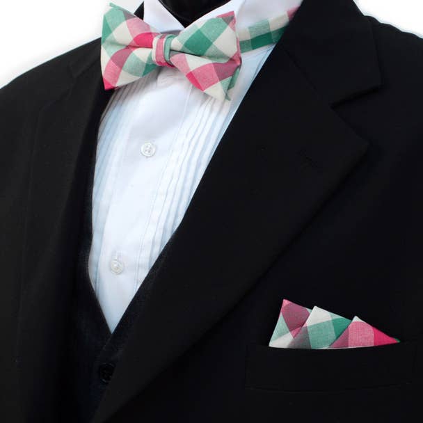 Pink Green Bow Tie & Pocket Square
