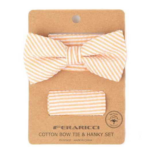Men's Striped Seersucker Cotton Bow Tie & Hanky Set