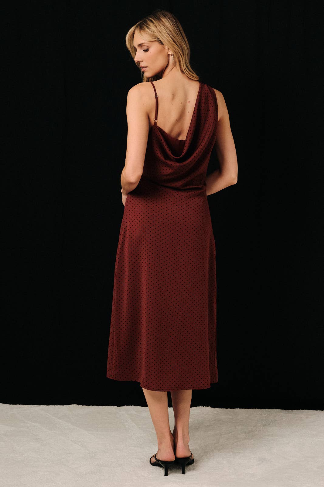 Polka Dot Asymmetrical Cowl Neck Dress