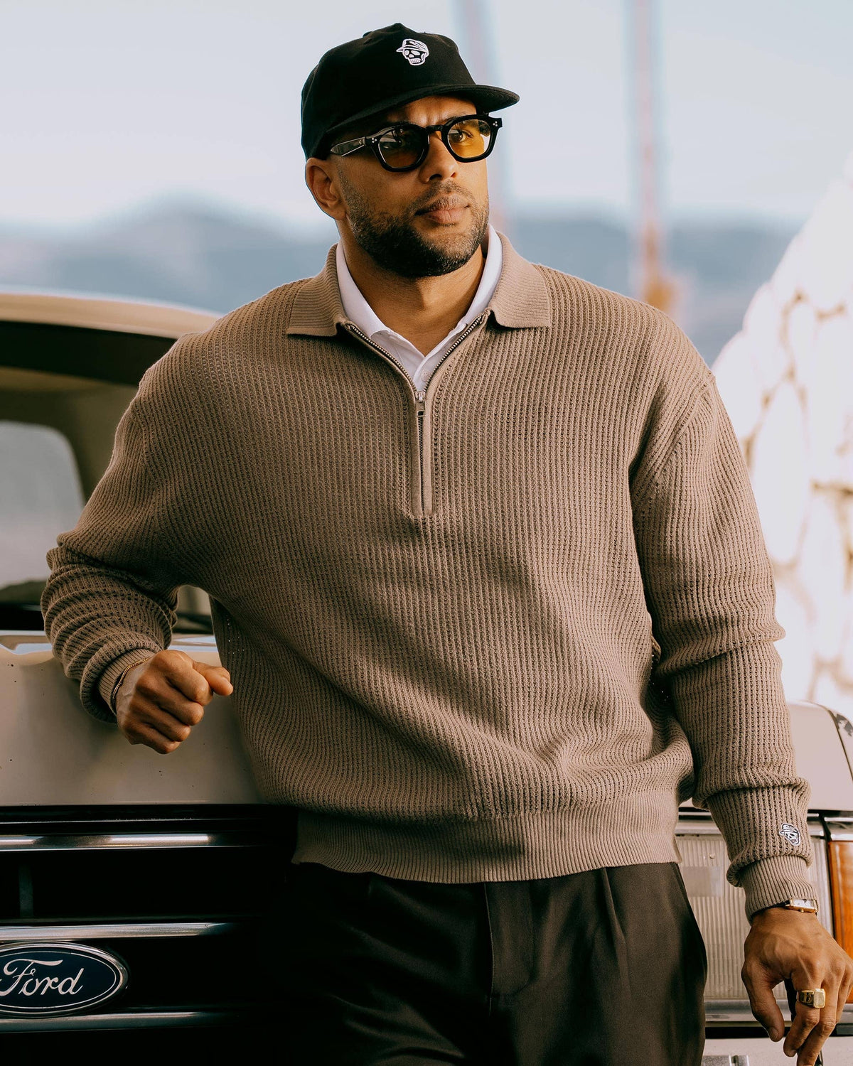 Loose Knit Quarter Zip Polo - Greige