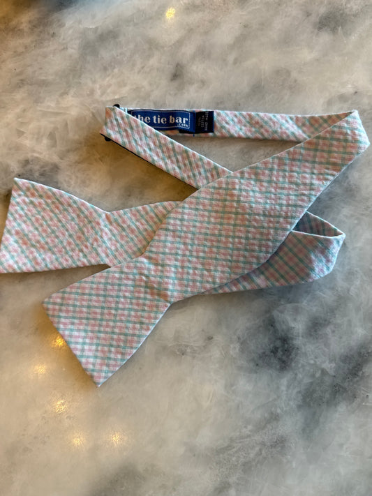 Teal & Pink Plaid Seersucker Bowtie