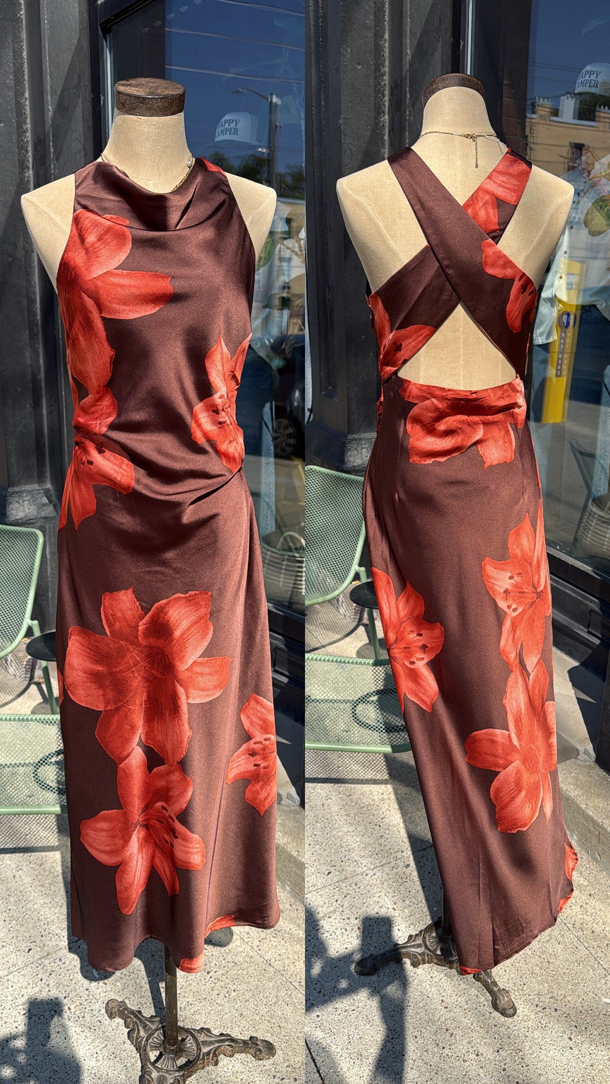 Floral Print Satin Cowl Neck Dress