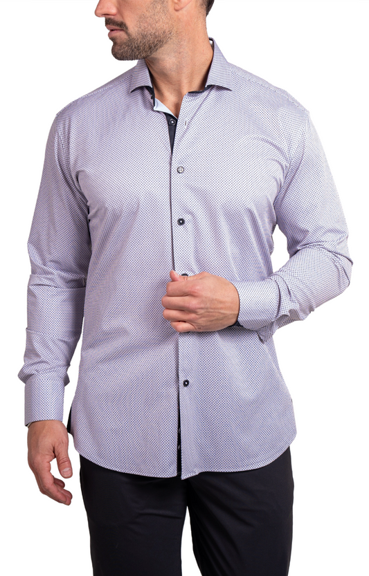 White & Black Swiss Dot Einstein Stretch Button-Up