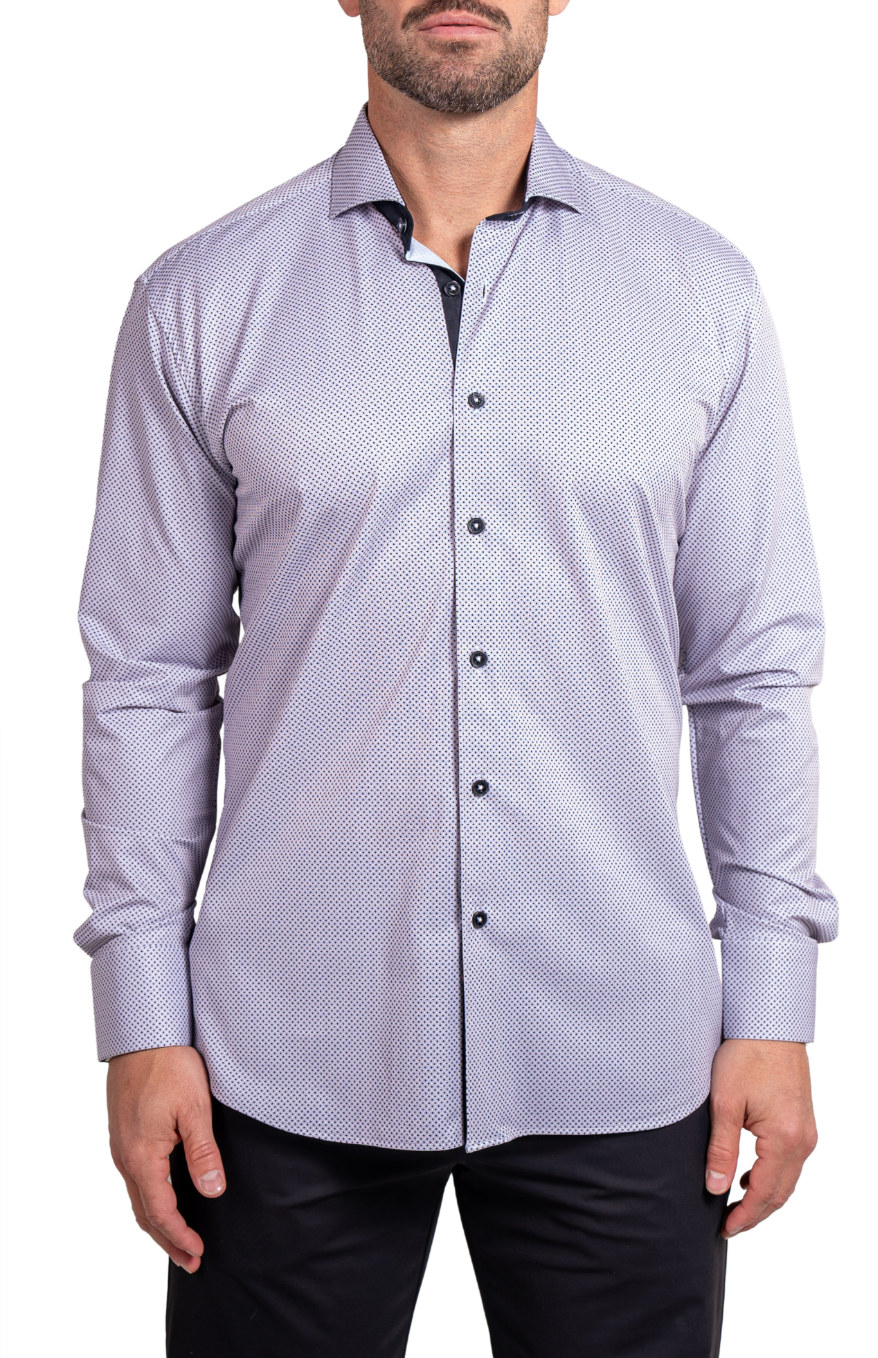 White & Black Swiss Dot Einstein Stretch Button-Up