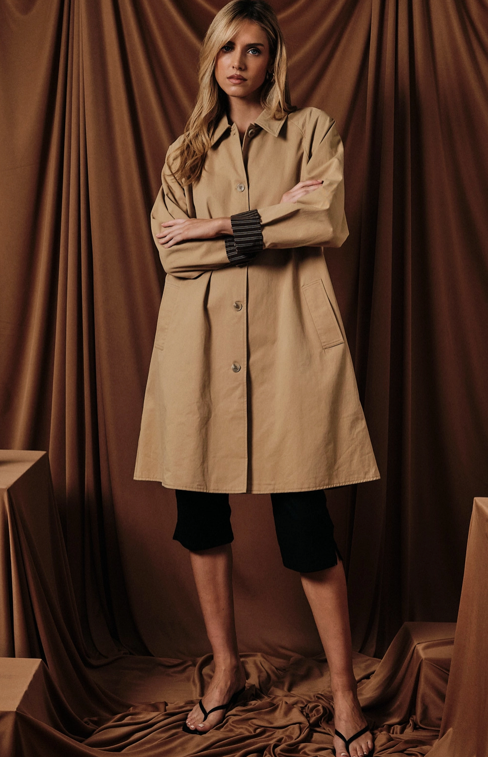 Button Down Trench Coat with Interior Stripe