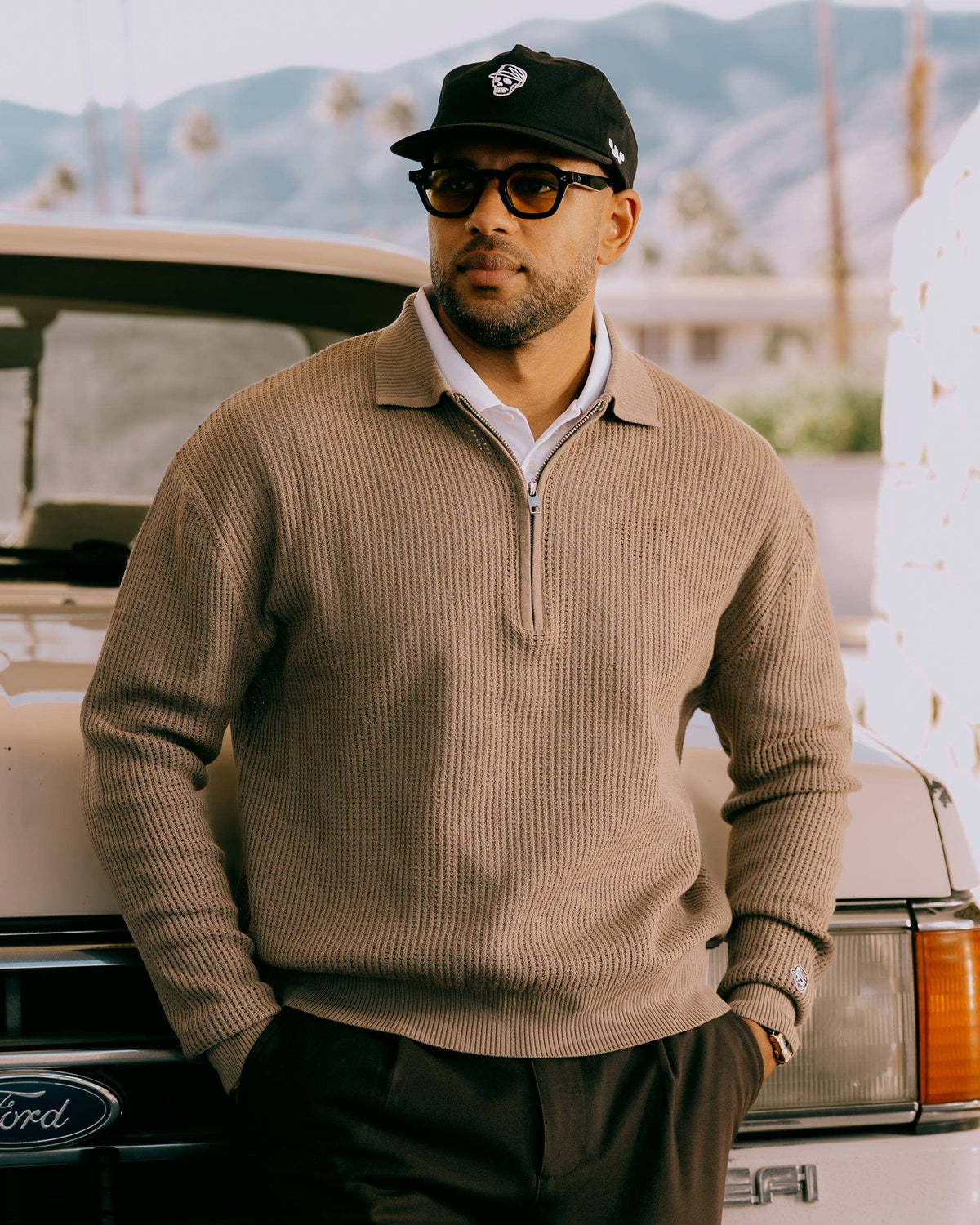 Loose Knit Quarter Zip Polo - Greige