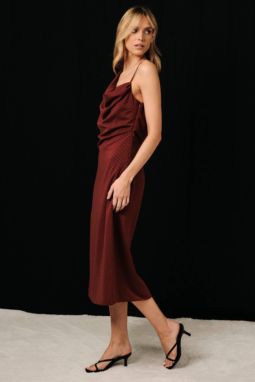 Polka Dot Asymmetrical Cowl Neck Dress