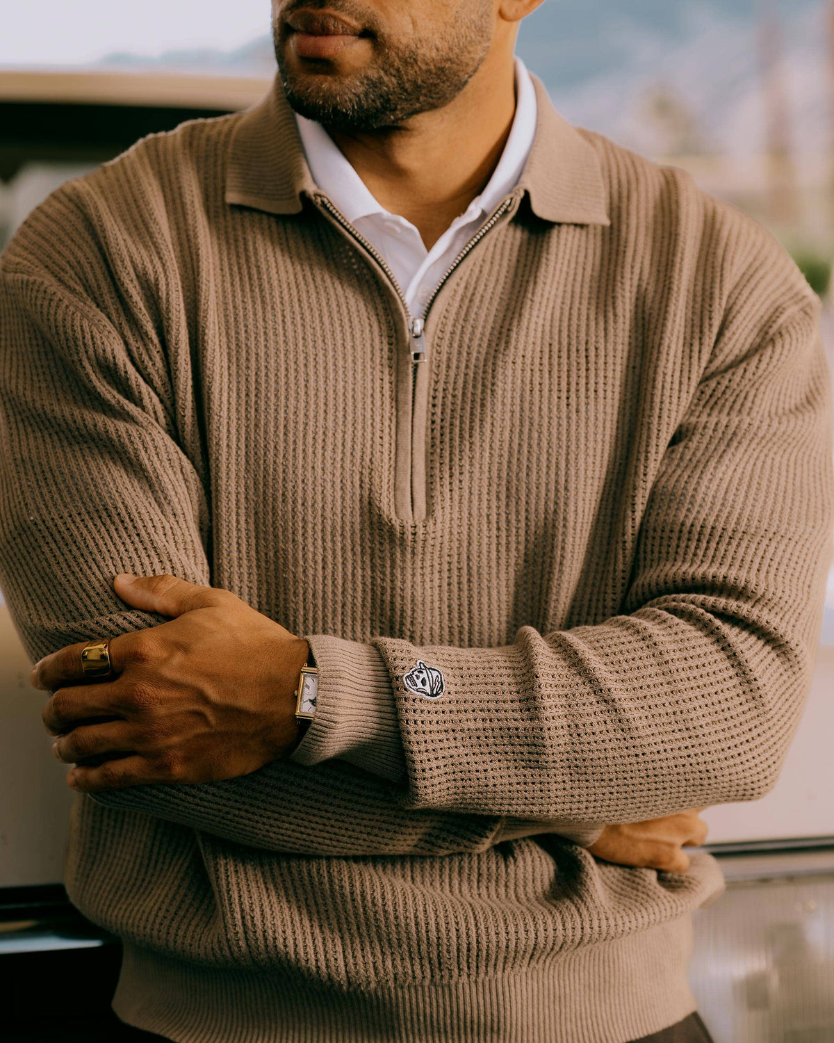 Loose Knit Quarter Zip Polo - Greige