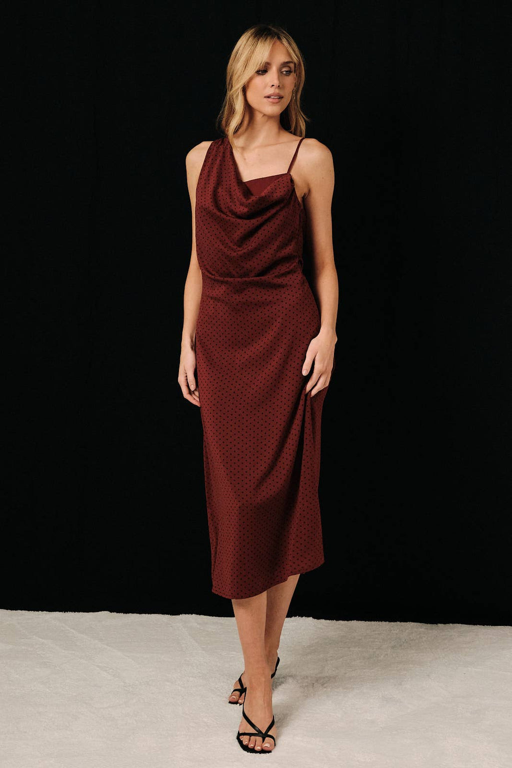 Polka Dot Asymmetrical Cowl Neck Dress