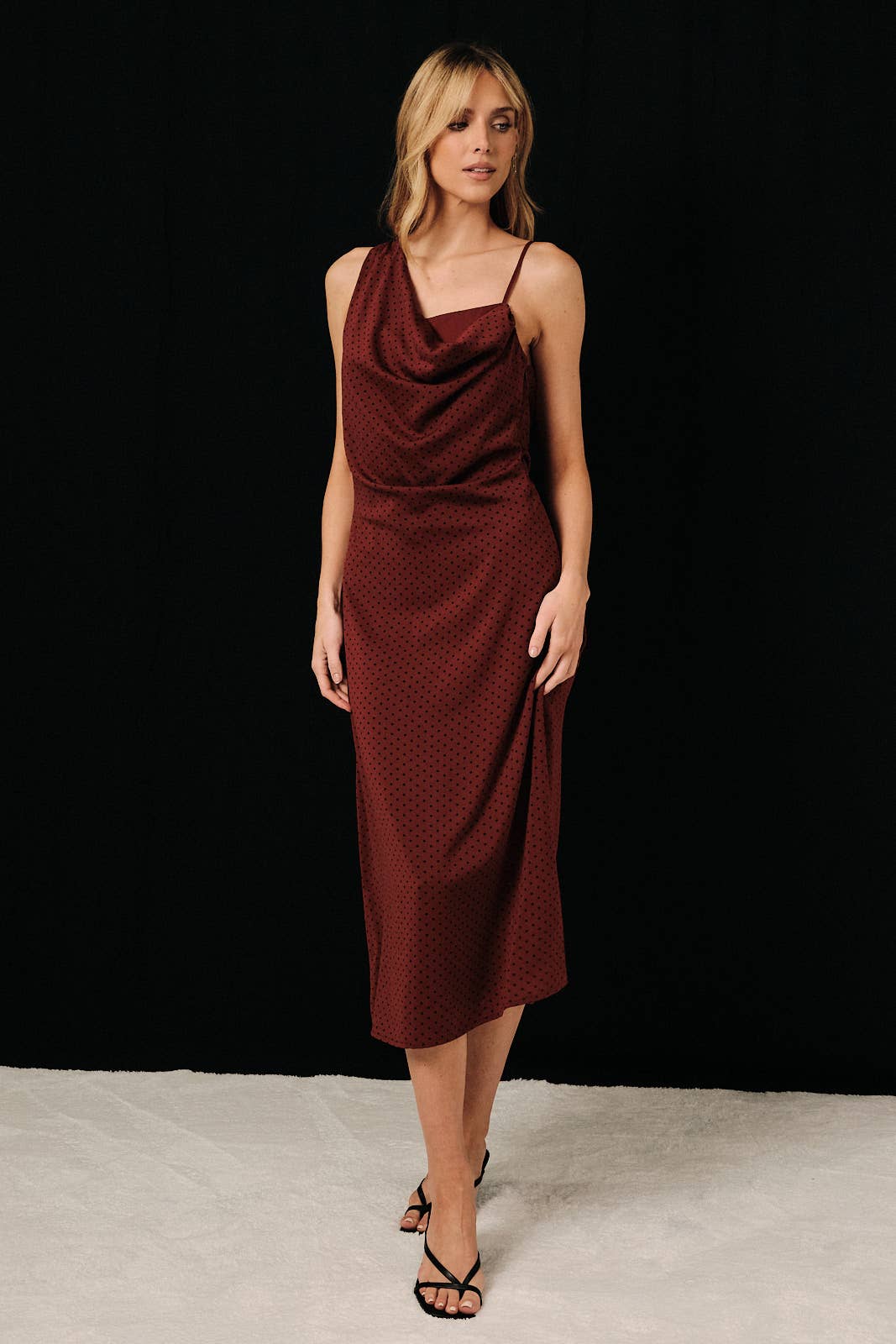 Polka Dot Asymmetrical Cowl Neck Dress
